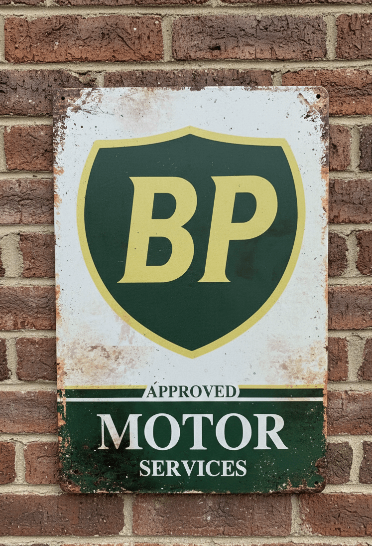 BP Approved Motor Services Retro Metal Sign – Classic Petroliana Wall Art