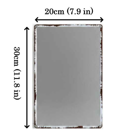 Rectangular back of retro metal sign with dimensions labelled on a white background