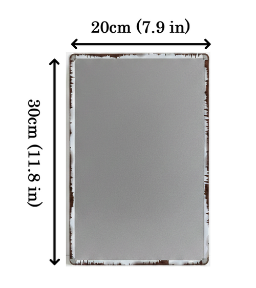 Rectangular back of vintage metal sign with dimensions labelled on a white background