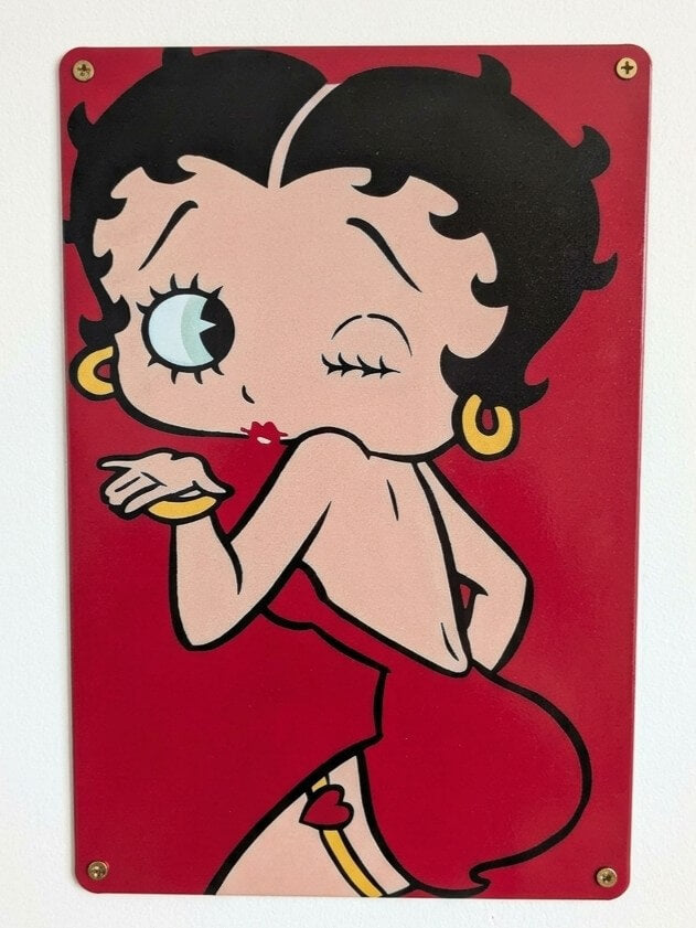Betty Boop Blowing Kiss Red Metal Sign | Retro Cartoon Wall Art Print Poster