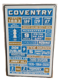 Vertical sky blue, white, and gold typographic metal wall sign for Coventry City FC, detailing club history including 'EST 1883', '1987 FA Cup Winners', legendary player names like Dion Dublin and Steve Ogrizovic, stadium names, and fan chants.
