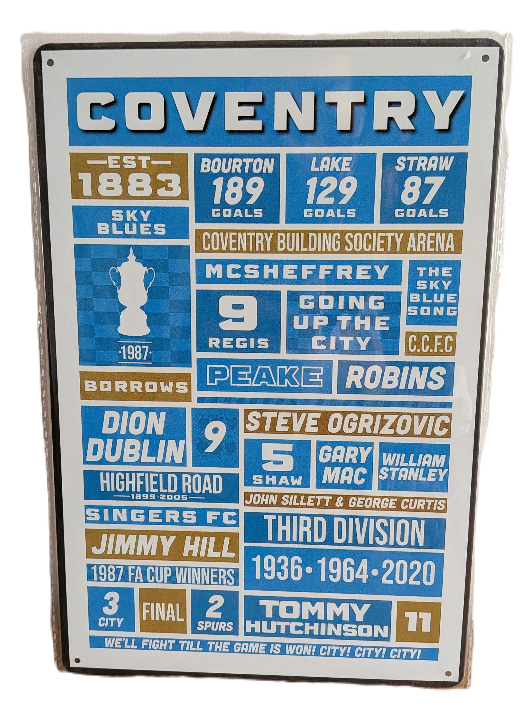 Vertical sky blue, white, and gold typographic metal wall sign for Coventry City FC, detailing club history including 'EST 1883', '1987 FA Cup Winners', legendary player names like Dion Dublin and Steve Ogrizovic, stadium names, and fan chants.