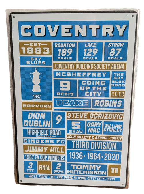 Vertical sky blue, white, and gold typographic metal wall sign for Coventry City FC, detailing club history including 'EST 1883', '1987 FA Cup Winners', legendary player names like Dion Dublin and Steve Ogrizovic, stadium names, and fan chants.