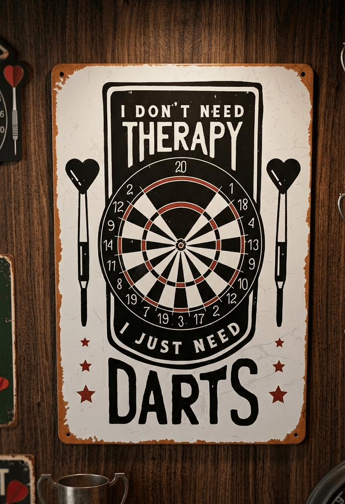 Funny Darts Therapy Retro Metal Sign – Man Cave Game Room Wall Art