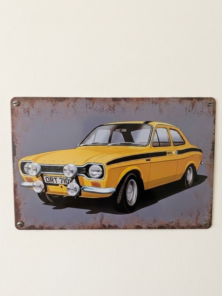 Ford Escort Mk1 Retro Metal Sign | Yellow Rally Car Garage Wall Art Print Poster