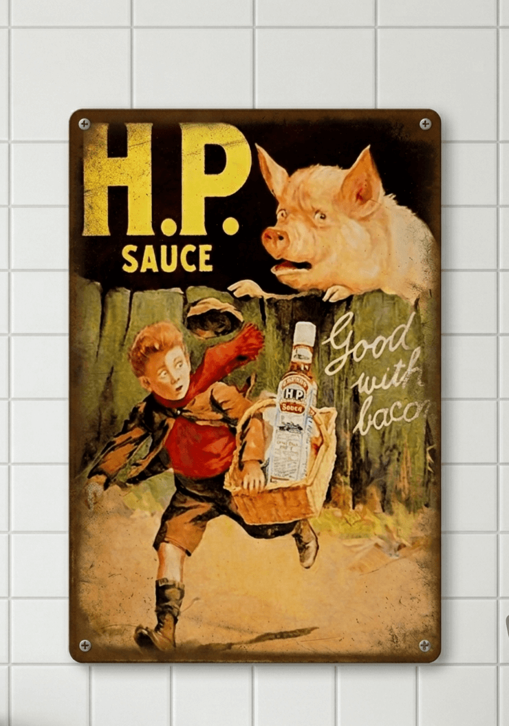 H.P. Sauce Retro Metal Sign – "Good with Bacon" Classic Kitchen Wall Art Print