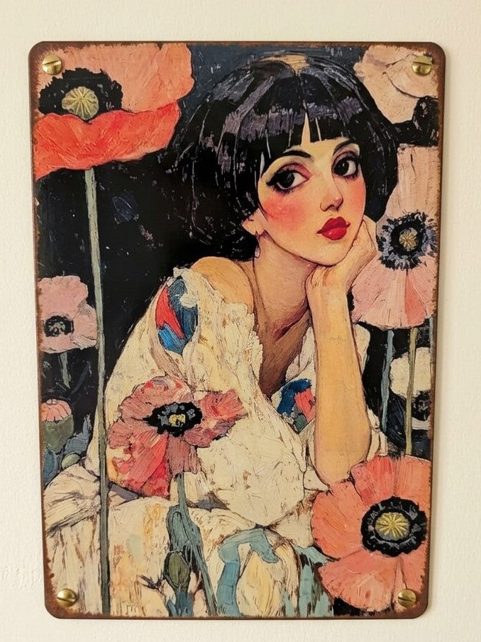 Woman with Poppies Art Deco Retro Metal Sign | Floral Wall Decor Print