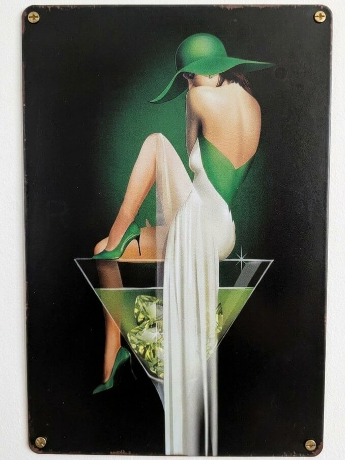 Art Deco Green Martini Lady Retro Metal Sign | Cocktail Home Bar Wall Decor