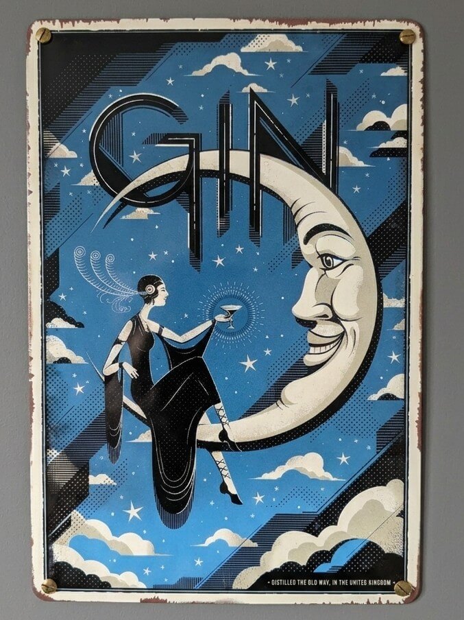 Gin Metal Sign | Crescent Moon Retro Flapper Cocktail Wall Art Deco Print