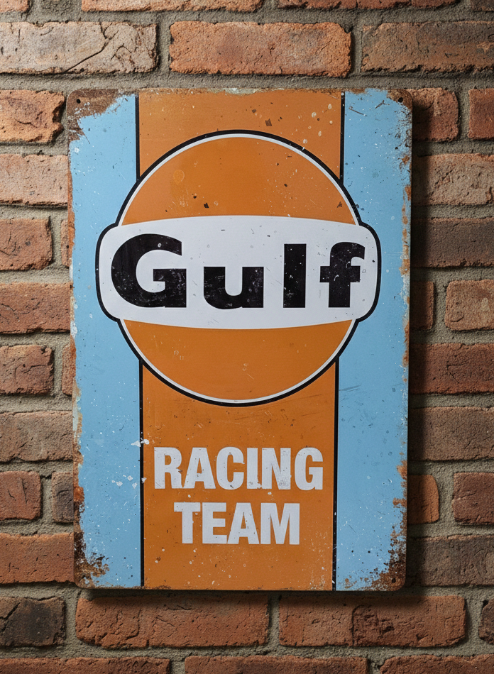 Gulf Racing Team Metal Sign on Brick Garage Wall