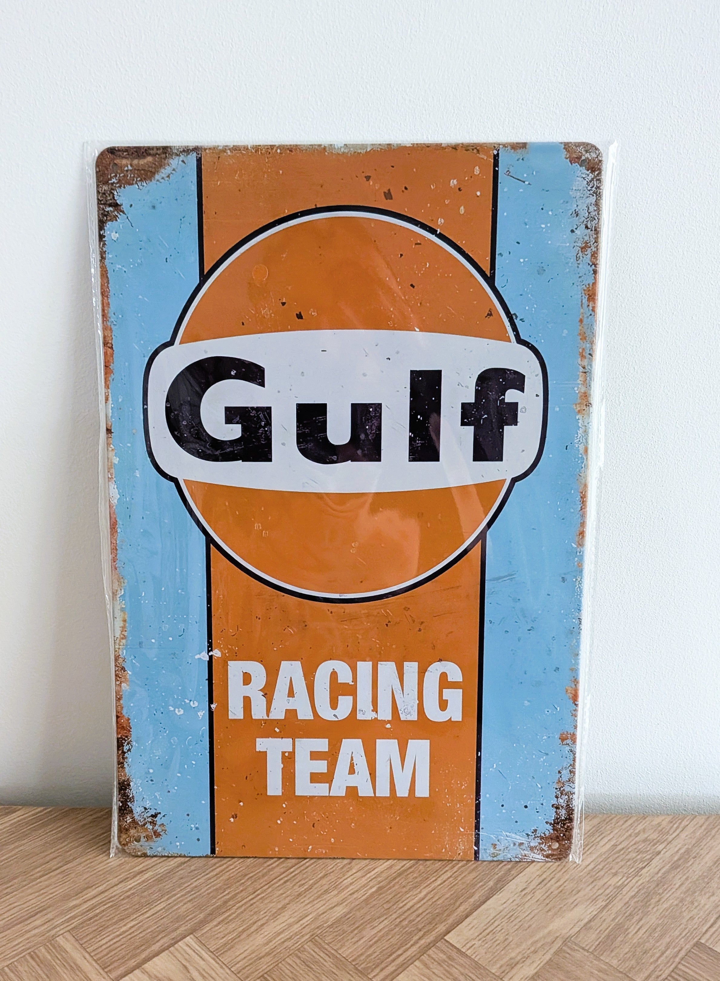 Vintage-style Gulf Racing Team Retro Metal Sign | Motorsport Wall Art