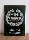 Mini Cooper Parts & Service Retro Metal Sign – British Racing Green Garage Wall Art