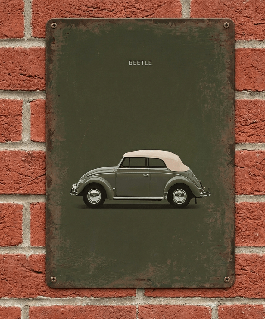 VW Beetle Convertible Retro Metal Sign – Classic Bug Wall Art Print