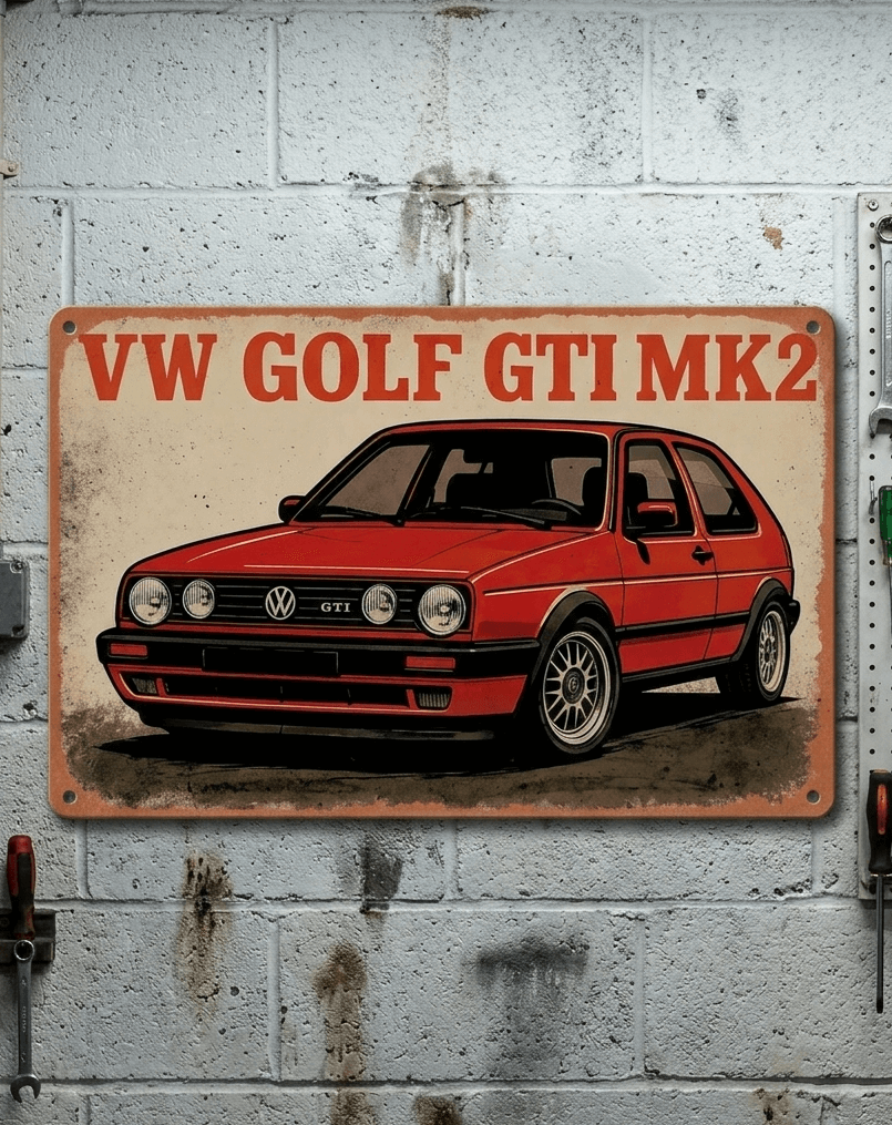VW Golf GTI MK2 Metal Sign – Retro 80s Hot Hatch Garage Wall Art