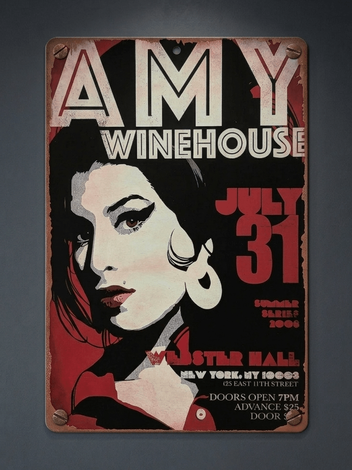 Vertical vintage-style metal wall sign featuring a graphic portrait of Amy Winehouse with her signature beehive and eyeliner, styled as a 2008 concert poster for Webster Hall, New York, with distressed rusted edges.