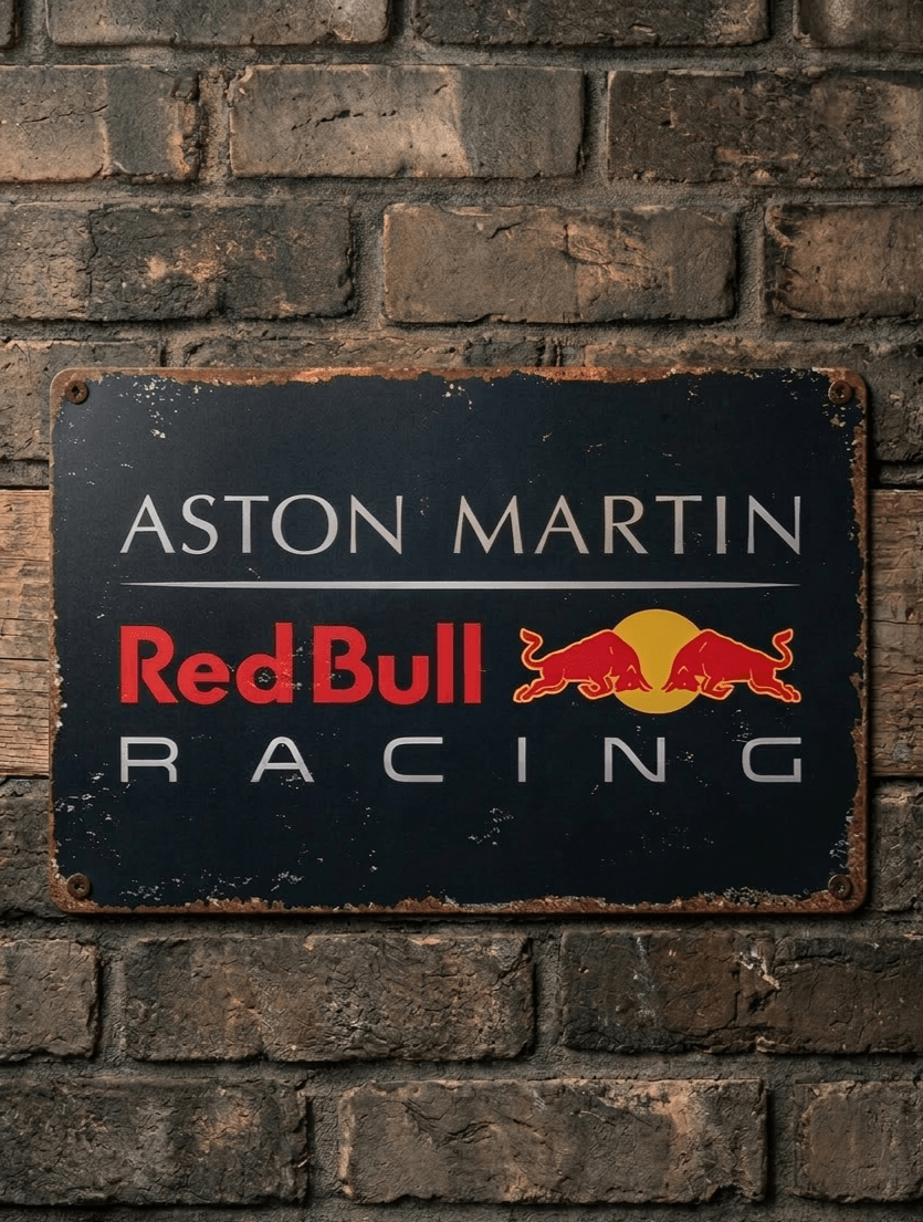 Vintage-style landscape metal wall sign for Aston Martin Red Bull Racing featuring the team logos on a dark navy, distressed background with rusted edges.