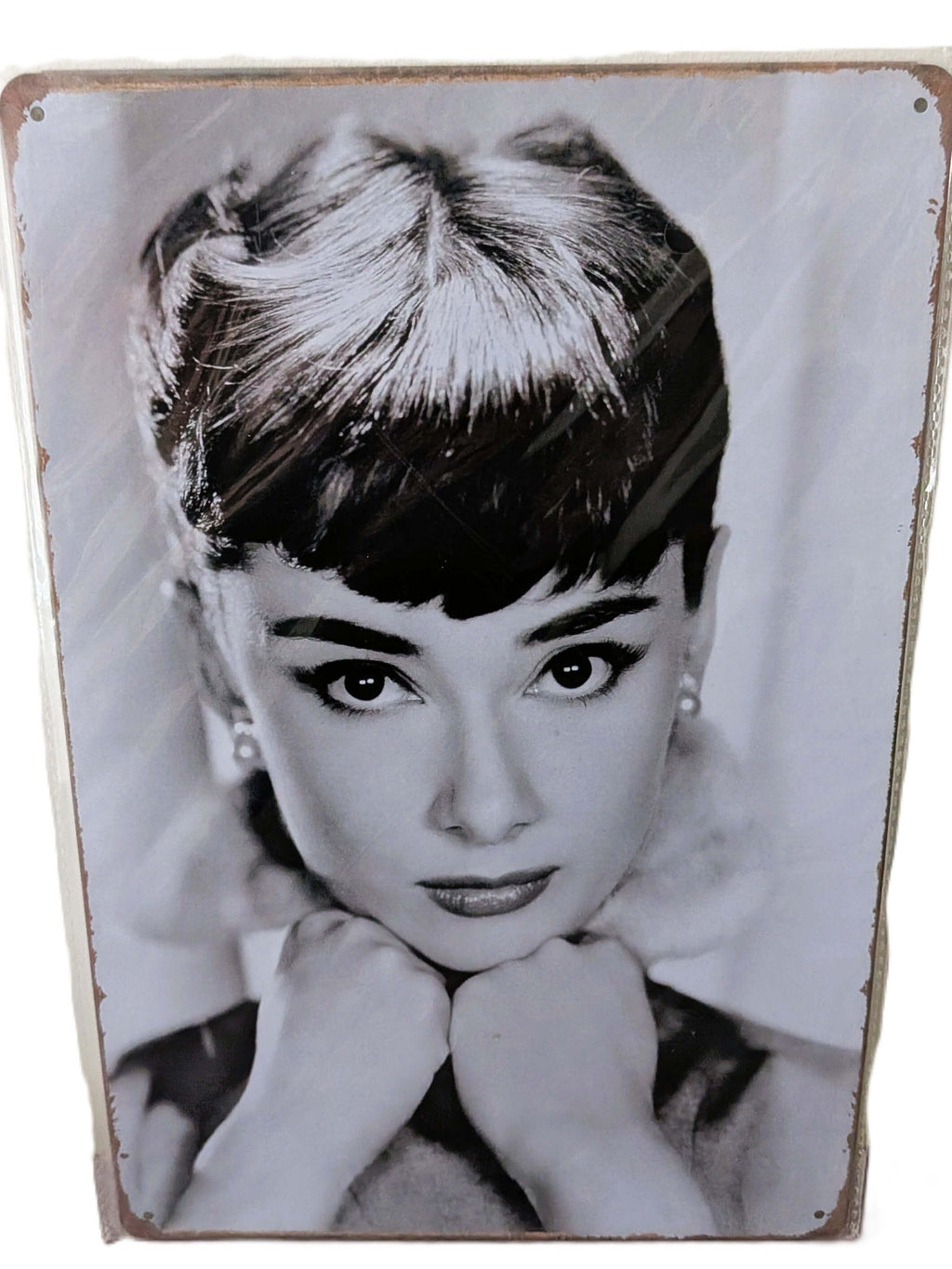 Audrey Hepburn B&W Portrait Retro Metal Sign | Hollywood Glamour Wall Art