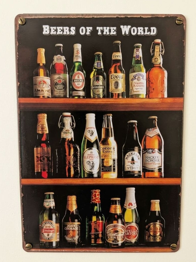 Beers of the World Retro Metal Sign | Pub & Home Bar Wall Art Decor Print Poster