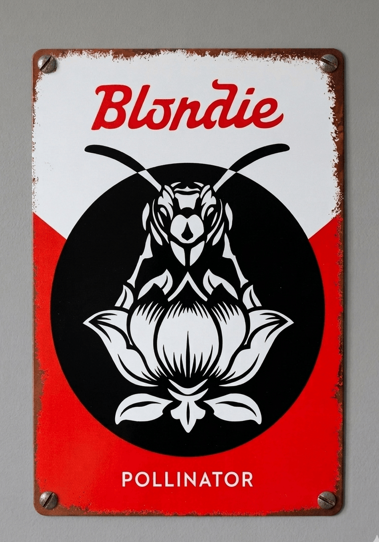 Vertical metal wall sign for the Blondie album 'Pollinator,' featuring a black and white stylized bee on a flower within a black circle, set against a white and red background with the band's name in red script.