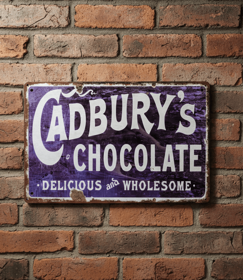 Vintage Cadbury's Chocolate metal wall sign with white text on a distressed purple background, featuring faux rust for a retro British kitchen decor look