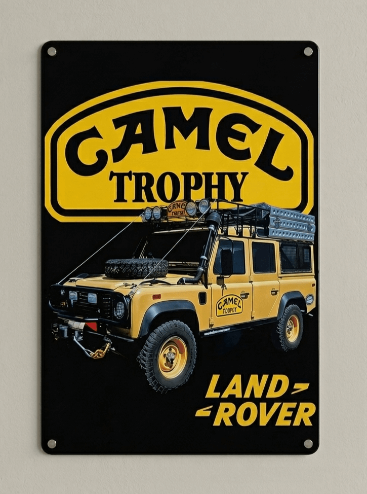 Vintage-style black metal wall sign featuring the iconic yellow Camel Trophy logo and a fully equipped Land Rover Defender expedition vehicle.