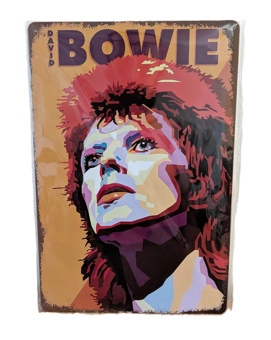 Vibrant vertical metal wall sign featuring a faceted pop-art portrait of David Bowie as Ziggy Stardust with fiery orange hair, set against a warm tan background with bold 'DAVID BOWIE' text and distressed edges