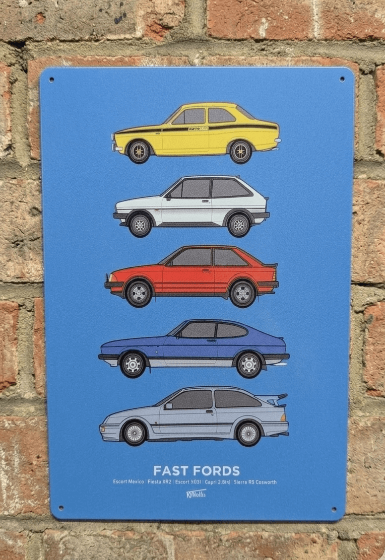 Blue metal wall sign titled Fast Fords, featuring a vertical evolution of five classic Ford cars including the Escort Mexico, Fiesta XR2, Escort RS Turbo, Capri, and Sierra RS Cosworth