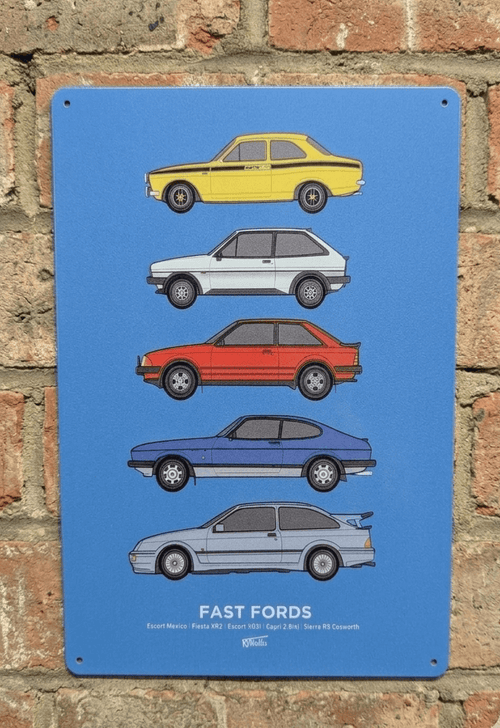 Blue metal wall sign titled Fast Fords, featuring a vertical evolution of five classic Ford cars including the Escort Mexico, Fiesta XR2, Escort RS Turbo, Capri, and Sierra RS Cosworth