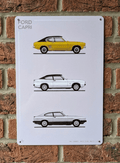 Vintage Ford Capri evolution metal wall sign featuring technical illustrations of the MK1, MK2, and MK3 models on a clean white background for garage decor