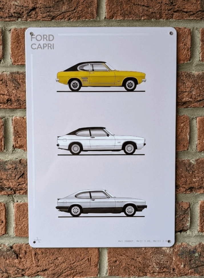 Vintage Ford Capri evolution metal wall sign featuring technical illustrations of the MK1, MK2, and MK3 models on a clean white background for garage decor