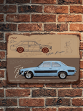 Vintage metal wall sign featuring technical specifications and illustrations of a 1968 Ford Escort MK1 saloon on a distressed parchment background
