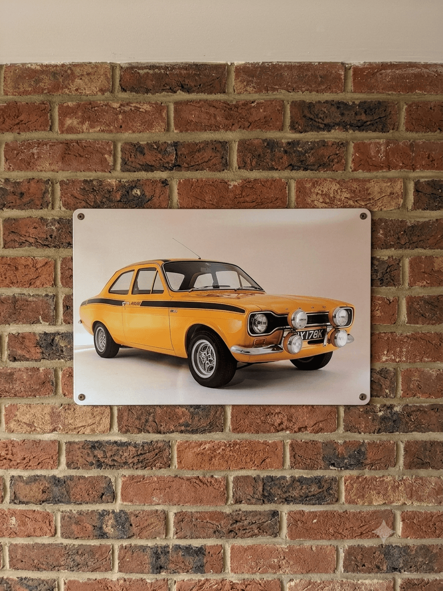 Ford Escort Mk1 Yellow Retro Metal Sign | Classic Car Garage Wall Art Plaque