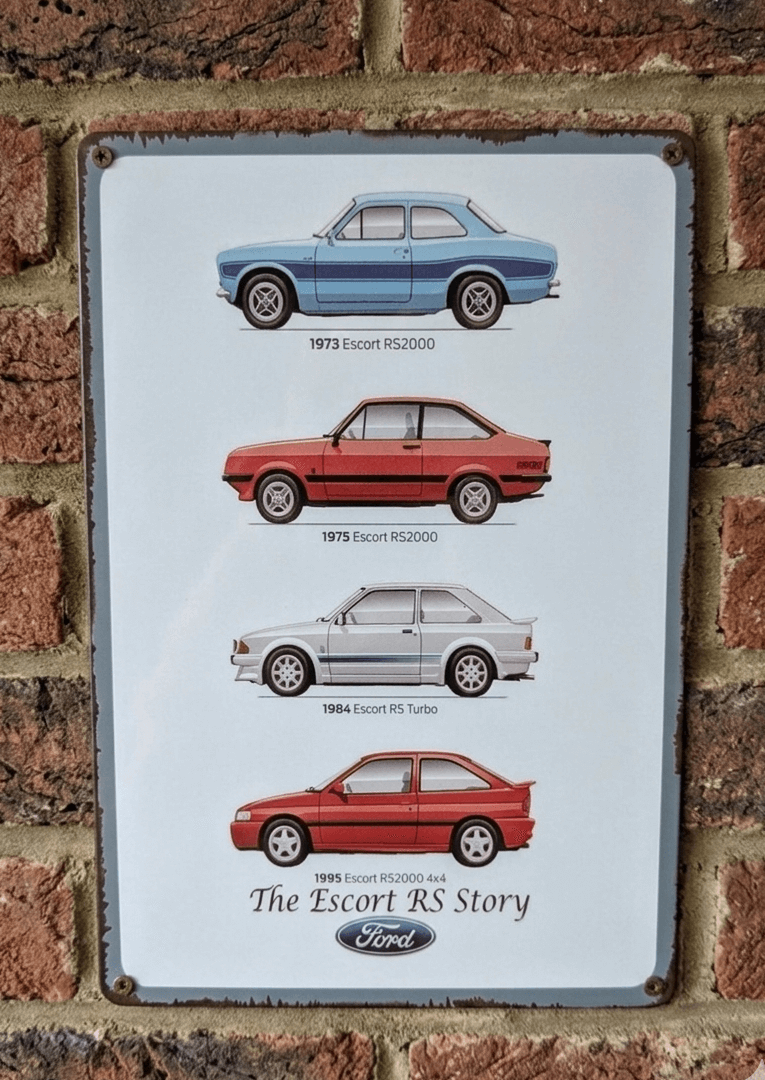 Vintage Ford Escort RS Story metal wall sign featuring 1973 RS2000, 1975 RS2000, 1984 RS Turbo, and 1995 RS2000 4x4 on a distressed white background for garage wall decor