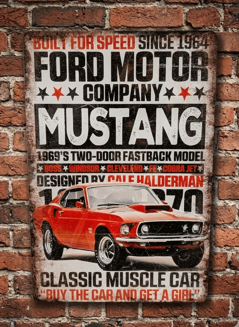 Retro Ford Mustang tin sign, classic American muscle car wall art for man cave, 1960s Ford Motor Company memorabilia gift for car enthusiasts.