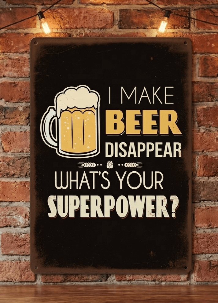 Funny metal wall sign featuring a frothy beer mug and the quote I make beer disappear what is your superpower on a distressed dark background for home bar decor