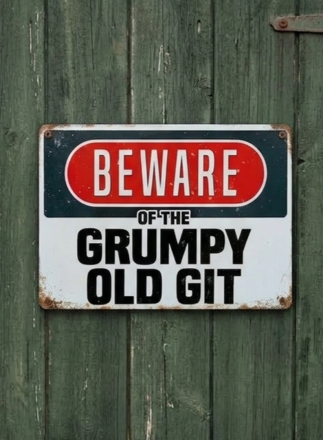 Vintage-style landscape metal wall sign with a red 'BEWARE' header and bold black 'GRUMPY OLD GIT' text on a distressed white background with rusted edges.