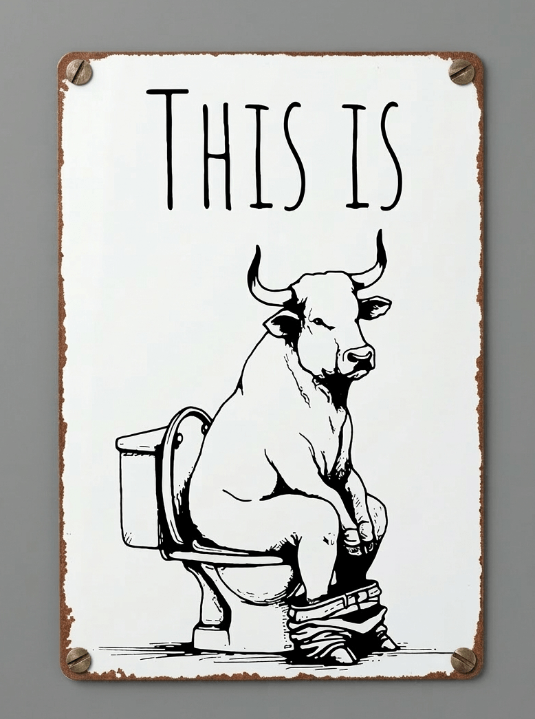 Minimalist vertical metal wall sign featuring a black and white line drawing of a bull sitting on a toilet with its trousers down, under the text 'THIS IS', on a distressed white background with rusted edges