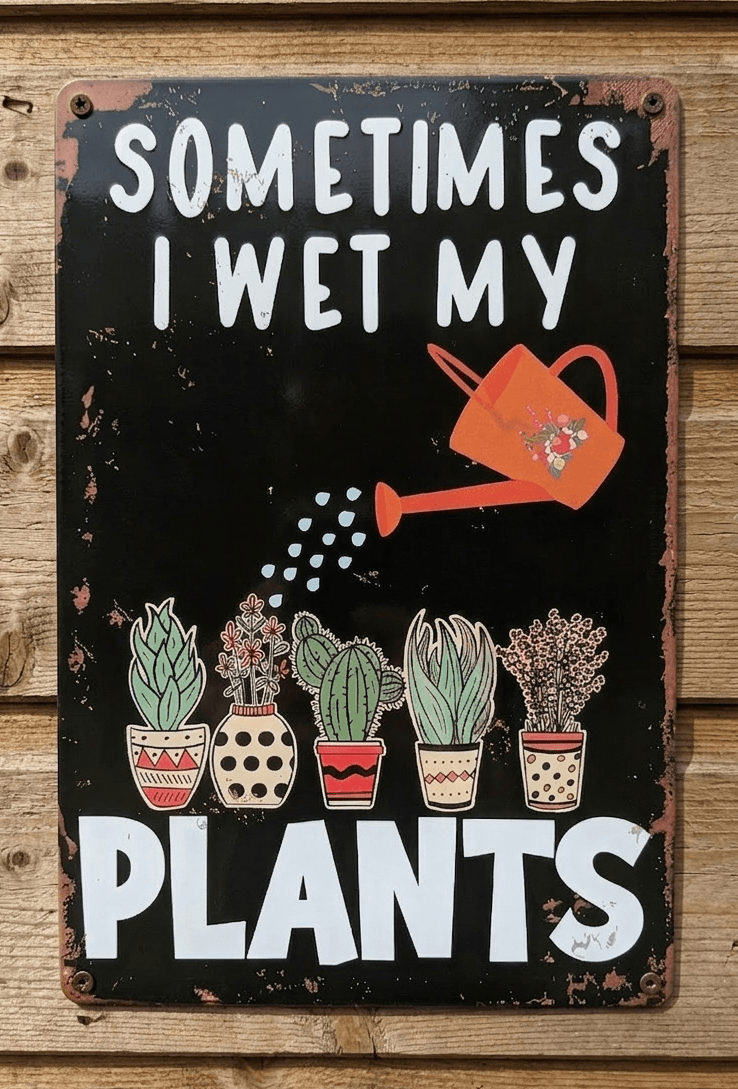 Vintage-style vertical black metal wall sign featuring the pun 'Sometimes I Wet My Plants' in white bubbly text, illustrated with an orange watering can pouring water onto five different potted cacti and succulents, finished with rusted, distressed edges.