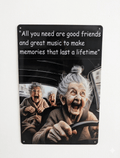 Funny metal wall sign with three grandmothers laughing and driving a car, featuring a quote about good friends and great music making memories