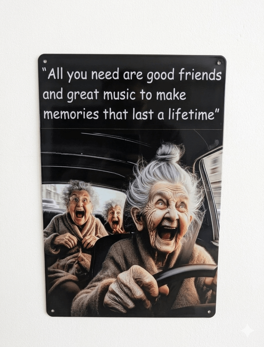 Funny metal wall sign with three grandmothers laughing and driving a car, featuring a quote about good friends and great music making memories