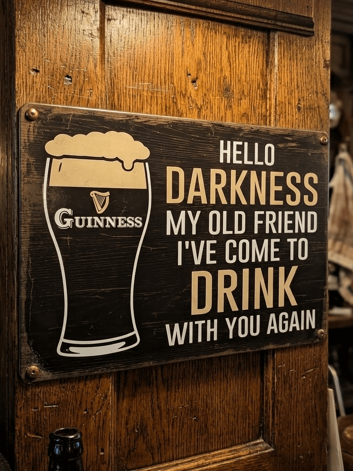 Funny Guinness metal wall sign featuring a pint of stout and the quote Hello Darkness my old friend I've come to drink with you again on a dark wood background