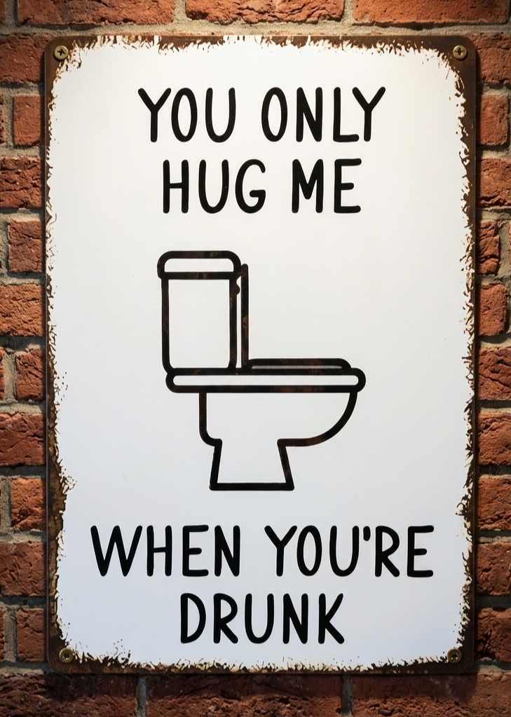 Vertical white metal wall sign with a black line-art illustration of a toilet and the humorous text 'YOU ONLY HUG ME WHEN YOU'RE DRUNK' in a playful sans-serif font, featuring rusted, distressed edges.