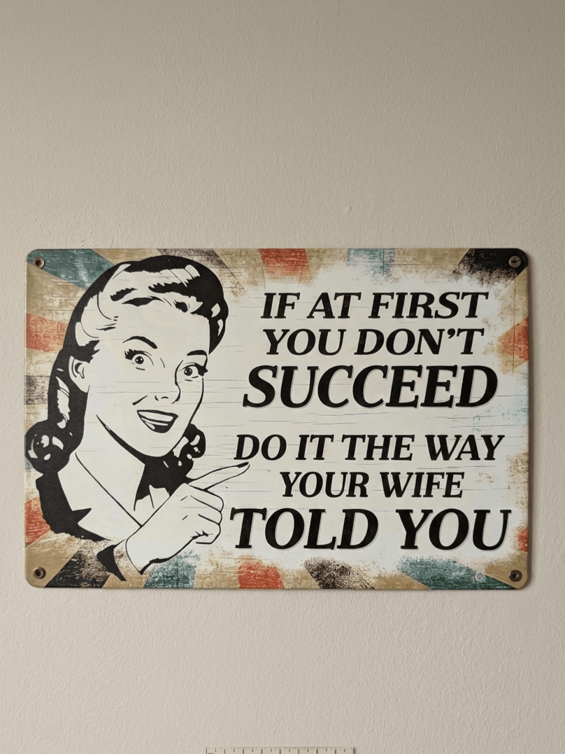 Funny vintage-style metal wall sign with an illustration of a woman and the quote If at first you don't succeed do it the way your wife told you
