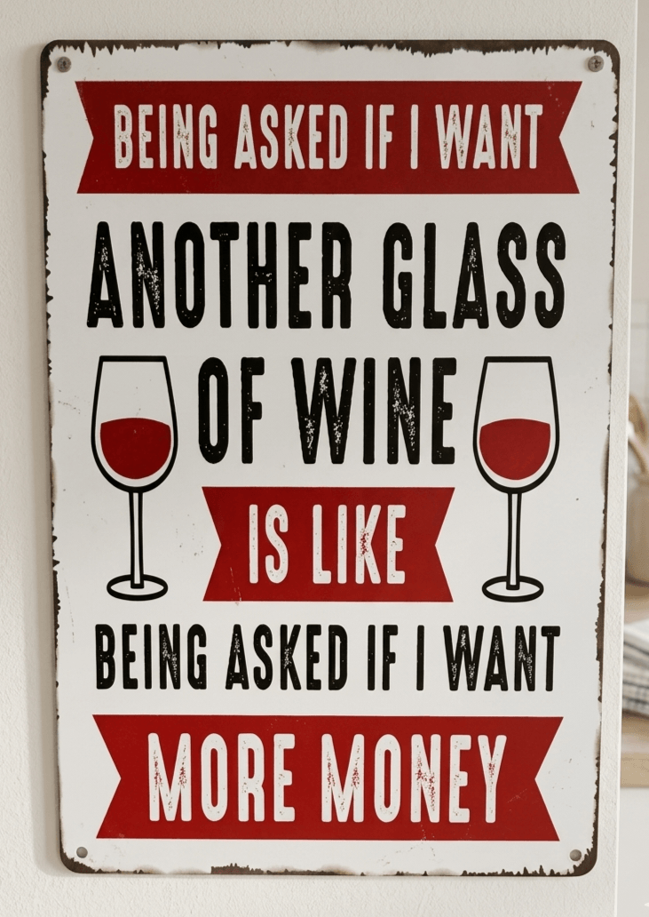 Vintage-style vertical metal wall sign with red and black text that reads 'Being asked if I want another glass of wine is like being asked if I want more money' featuring two wine glass illustrations and distressed edges.