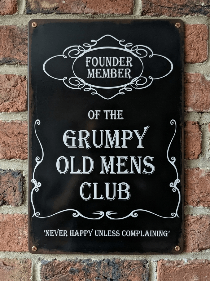 Vintage-style vertical black metal wall sign with white decorative flourishes, featuring the text 'Founder Member of the Grumpy Old Mens Club' and the slogan 'Never Happy Unless Complaining' on a brick background.