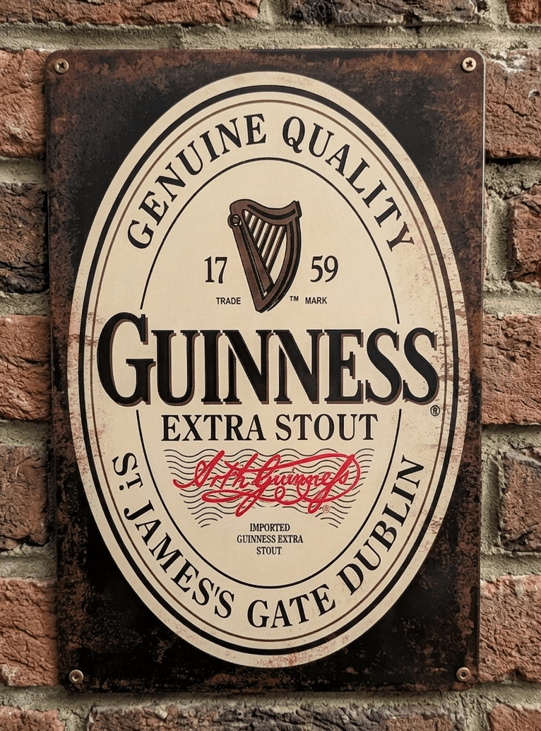 Vertical vintage-style metal wall sign for Guinness Extra Stout, featuring the iconic gold harp logo, '1759' established date, and Arthur Guinness's red signature on a distressed cream oval background with heavy rusted borders.