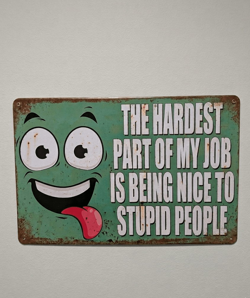 Landscape-oriented green metal wall sign with the humorous phrase 'THE HARDEST PART OF MY JOB IS BEING NICE TO STUPID PEOPLE' alongside a googly-eyed, tongue-out cartoon face with rusted, weathered edges.