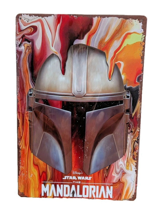Artistic Star Wars metal wall sign featuring the Mandalorian Beskar helmet against a vibrant orange and red fluid paint pour background