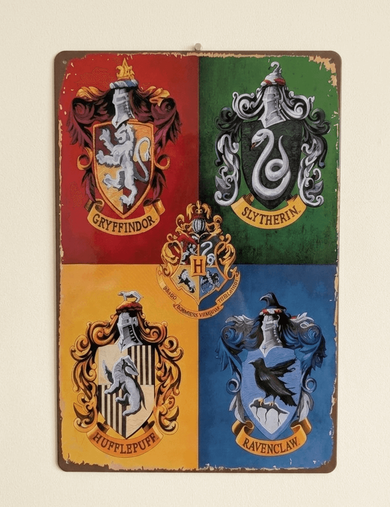 Vintage-style metal wall sign featuring the four Hogwarts house crests for Gryffindor, Slytherin, Hufflepuff, and Ravenclaw with a distressed finish
