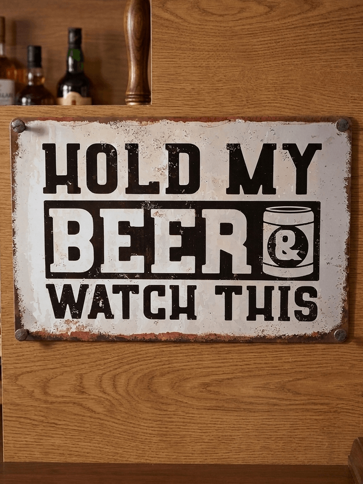 Horizontal vintage-style metal wall sign mounted on wood reading 'HOLD MY BEER & WATCH THIS' in bold black block lettering with a small beer can graphic on a distressed off-white background with heavily rusted borders.